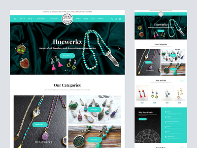 Huewerkz Handcrafted Jewelry Online Store Homepage Design accessories aromatherapy concept design ecommerce handcrafted handmade interface jewellery jewelry landingpage mock up mockup online shop online store redesign shopify stones ui website