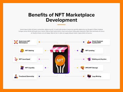 Benefits of NFT Marketplace Development Infographic blockchain collectibles concept crypto decentralized design ethereum illustration infographic interface marketplace metamask metaverse mint mockup nft nfts non fungible token trading website