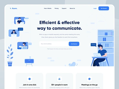 Koom - Landing Page app blue clean design designer flat design illustration illustrations landing page landingpage remote work ui uidesign ux uxdesign web web design website wfh work