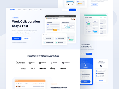 Collabs - Landing Page blue clean collaboration design designer illustrations landing page landingpage pricing remote saas software trending ui uidesign ux uxdesign web web design website