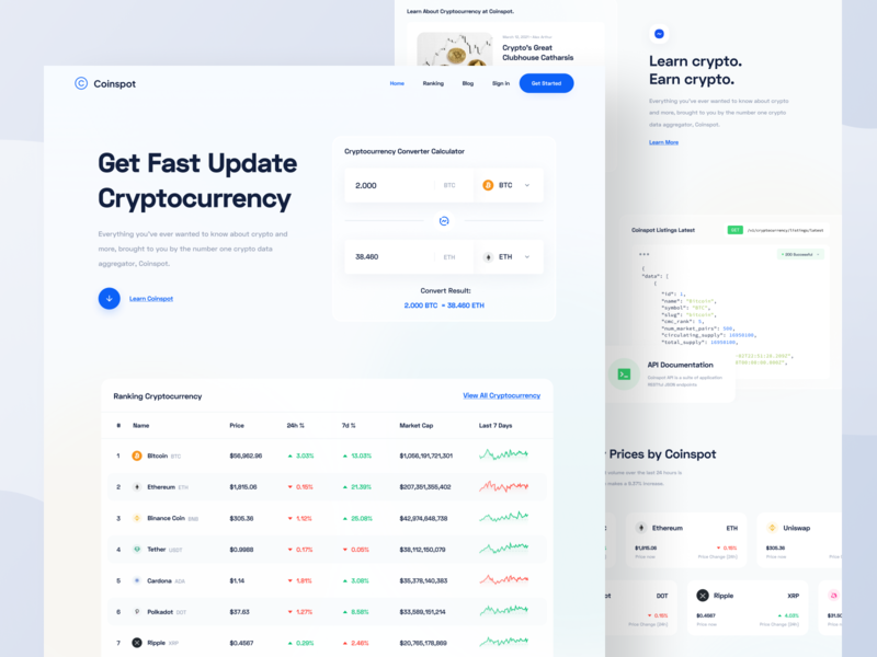 Coinspot - Landing Page bitcoin calculator clean crypto cryptocurrency currency designer finance fintech glassmorphism landing page stock ui uidesign ux uxdesign wallet web web design website