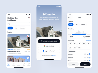 Hommie - Mobile App android architecture blue branding clean design designer home house invest ios mobile mobile app real estate ui ui8 uidesign uikit ux uxdesign