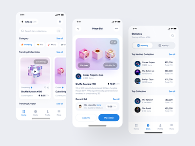 NFT Marketplace - Mobile App android art branding clean crypto cryptocurrency design designer eth graphic design ios mobile app mobile design nft nft marketplace stock ui uidesign ux uxdesign