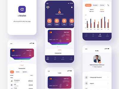 eWallet - Online Mobile Banking App UI Design analysis page bank app banking card card card ui credit card ewallet finance app financial fintech home page mobile app ui mobile design online banking payment app product design profile page design profile page ui statistic page ui wallet app