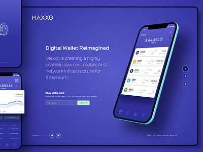 Maxxo Landing Page and Mobile Application UX and Design clean crypto dashboard crypto wallet cryptocurrency design graphic landing page minimal mobile app design modern purple