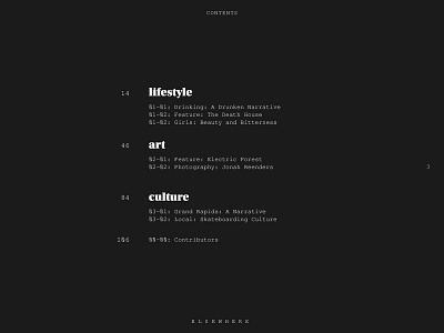 Elsewhere — Table of Contents blackandwhite editorial editorial design publication typography