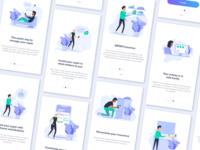 GROW Super In-App Illustrations app design finance fintech illustrations minimal onboarding people superannuation ui ux