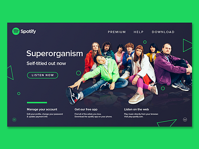 Spotify Homepage Concept app design homepage landing page layout music music app proxima nova software spotify superorganism ui website