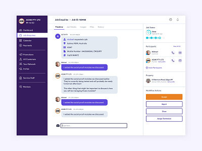 Fixitfaster Web App console design job management purple ui ux web app