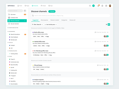 Discover Channels in Enterprise Social Networking channels cliq company news discover enterprise ux happeo intranet list list view netflix product recommendation saas slack social suggestion ui ux