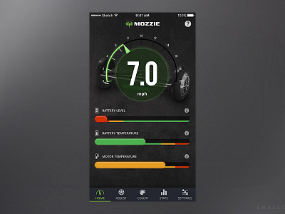 Mozzie Mobile App Dashboard app chart dark dashboard gauge hoverboard iphone mobile scooter speed speedometer ui