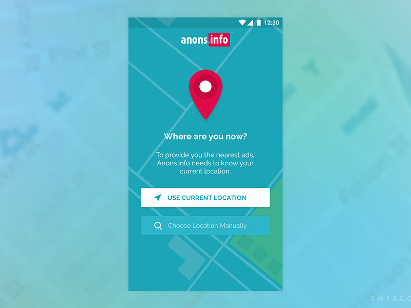 Anons.info Mobile App Location Permission ads classified geo-location map pin ui app mobile android onboarding permission location