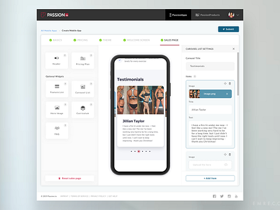 PassionApps Sales Page Builder app blocks builder carousel desktop enterprise interface landing page passion passion.io product saas sales page steps submit testimonials tools ui widgets