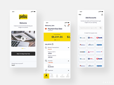 Pebu App Design account add app banks budget budget planner budgeting expense manager expense tracker finance fintech interface mobile money overview payment product transactions ui welcome