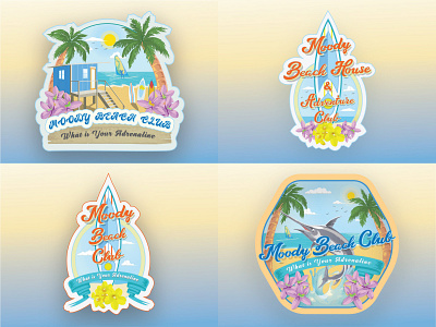 Moody Beach House Adventure club variations. beach illustration surfboard windsurf