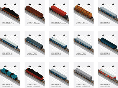 Railway car, waggon isometric set delivery export goods heavy logistic rail shipment shipping transit travel wagon way