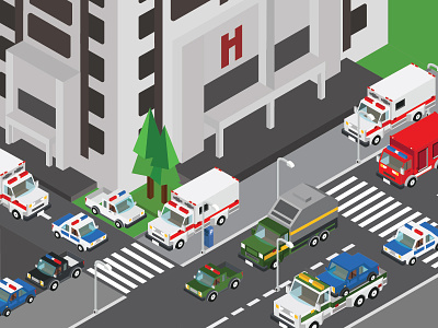 Hospital in the isometric city ambulance city fire in isometric police tal the truck with
