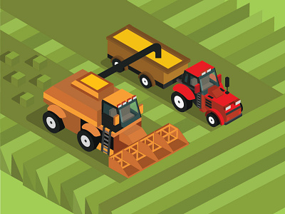 Combine harvester and tractor 3d isometric view agriculture combine crop farm farming field grain machinery plant summer tractor wheat