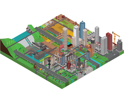 Isometric Metropolis,Farm,Dam isometric in 3D view building business city flat house map modern nature office street tree urban