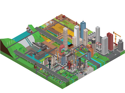 Isometric Metropolis,Farm,Dam isometric in 3D view