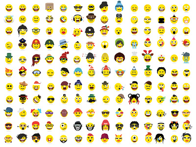 150 Creative funny flat style, emoji,smiley emoticons character chat emoticon emotion expression face facial love smile smiley style yellow