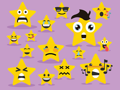 Cartoon star face emoji characters different emotion emotional expression face facial feeling icon quality set smile star