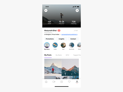 Instagram Profile Refresh app apple design home instagram ios iosapp minimal notifications profile profile design profile page social socialmedia ui ux white