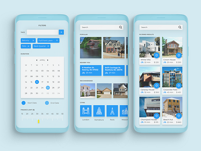 Rental App card view filters grid homes houses nearby locations rent travel