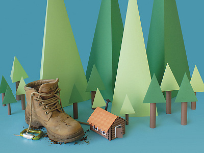 Camping set boots colors craft green handmade hiking illustration nature paper papercraft tactile design trees
