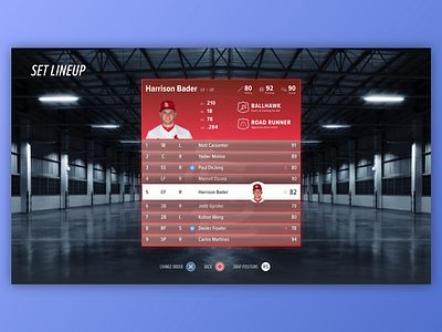 MLB Lineup UI baseball button concept design drag drop interaction lineup menu mlb red select sport app ui ux video game