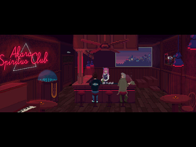 Rework The Red Strings Club 25years later 80s adobe after after effects bar buildings city club illustration pixel pixel art red strings theredstringsclub