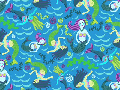 Mermaid Half drop repeat pattern children fabricdesign giftwrap lamer mermaid ocean sea surfacedesign wrappingpaper