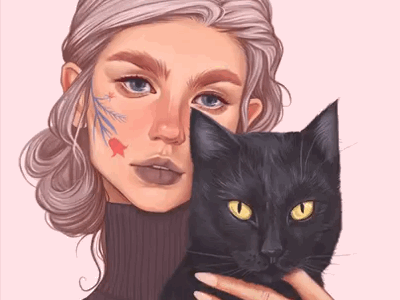 💛 gif girl with cat illustration