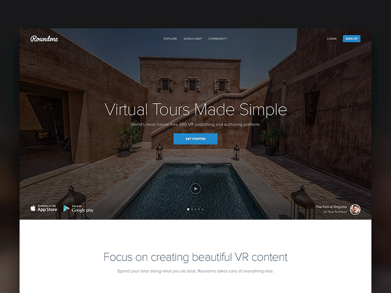 Roundme landing page VR player animation 360 animation panorama roundme tour virtual vr