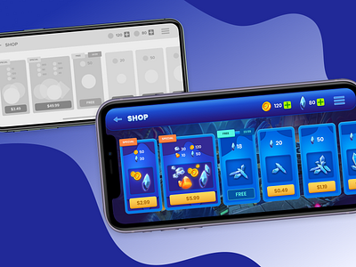 Shop screen | GUI, match 3, casual @design @dribbble @remote @ui @vasilkooov blue button casual game casual games crystal game design game interface game ui gradient icons match 3 prototype screen shop wireframe
