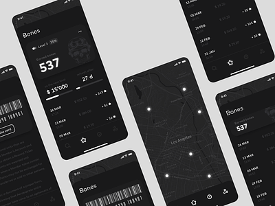 Bones Mobile App Design branding dark dark ui finance iphone x map mobile design ui ux