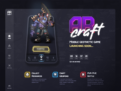 AR Craft - Mobile Game Landing Page Design 3d ar craft dark landing game game design game landing page game promo landing landing page landing page design left side bar map map landing page mobile mobile app landing mobile game mobile game landing promo landing ui