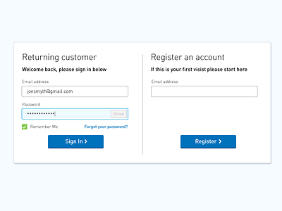 Sign in or Register module register register an account returning customer sign in ui