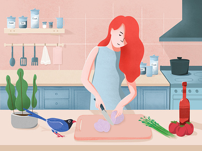 Cooking 2d bird character cooking design graphic illustration ingredients kitchen pastel recipe vector woman