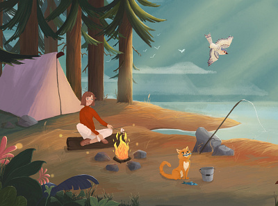 Camping adventure bird camping cat fishing forest illustration lake nature tent texture trees