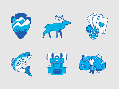 Jackson County | Illustration Set adventure blue camping casino county elk fishing hiking icon set illos illustration set national park outdoors poker trout two color