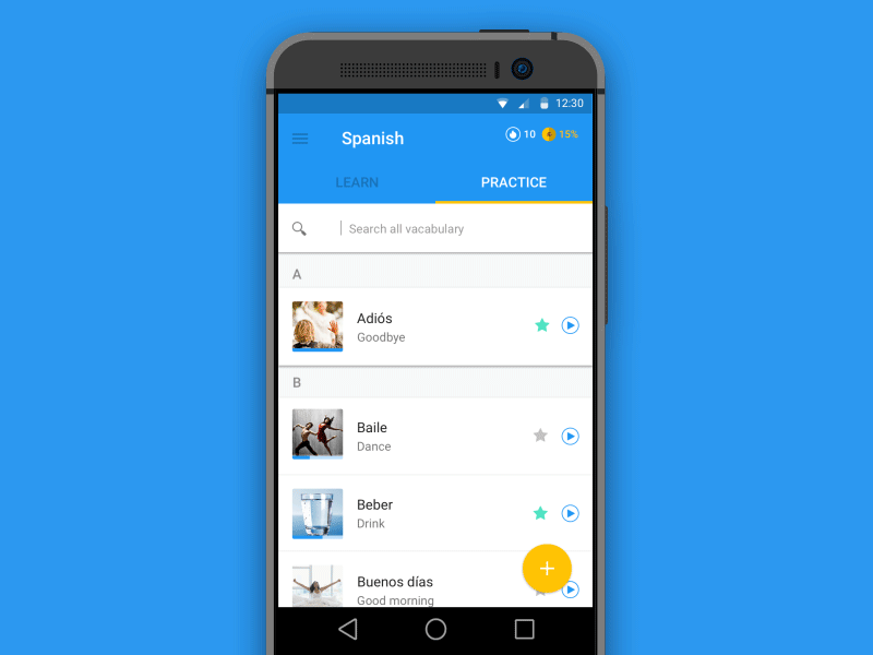 Language Learning App: Practice Makes Perfect app education fab gif language learn lesson material microinteraction mobile ui vocabulary