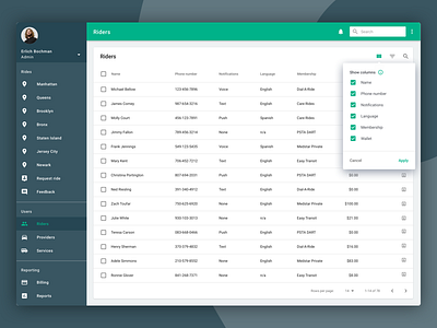 Ride Service: Contacts account app contacts dashboard filter information list material saas table web website