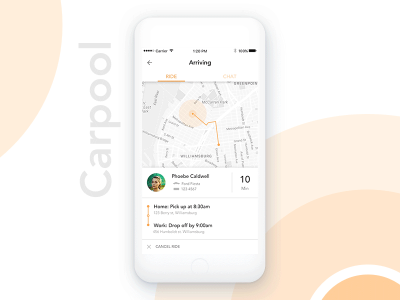 Carpool Ride & Chat app carpool chat directions interaction map mobile ride transition ui