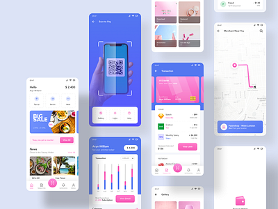 Sarang Wallet - E Wallet Mobile App bank blue card cards creative credit credit card creditcard finance map mobile mobile app mobile ui pay payment pink scan track wallet wallet app