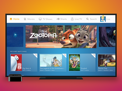 DisneyLife Home Screen - TV app design big hero 6 disney disneylife movies streaming tv design zootopia