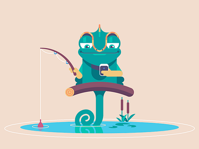 Idyll animal chameleon character fishing float lizard mascot phone reptile rod smile swamp