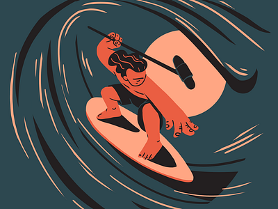 Surfing with a sound pole. barrel character illustration ocean sunset surf surfing vector wave