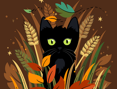 Spritely autumn black cat cat fall illustration kitty leaves night windy