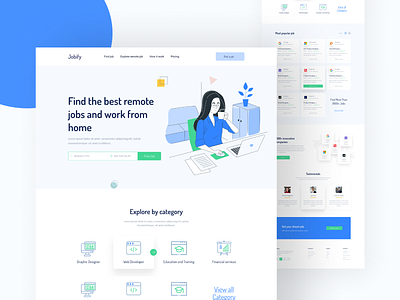 Remote Job Landing page Concept!. 2k20 blue branding clean header illustration illustraion job application job board job listing minimalist remote job remotework typography ui uiux design user experience userinterface ux web web design